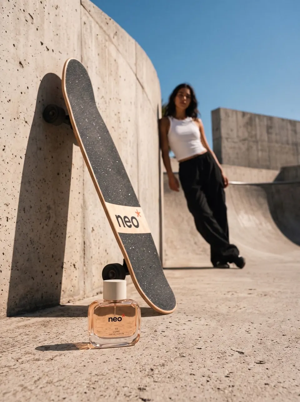 Skateboard NEO appuyé contre un mur de béton, une femme en arrière-plan et le parfum NEO au sol