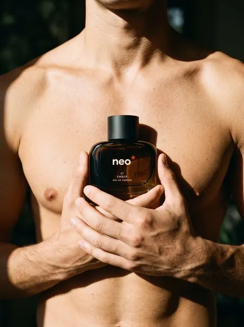 Homme torse nu tenant un flacon de parfum NEO contre sa poitrine