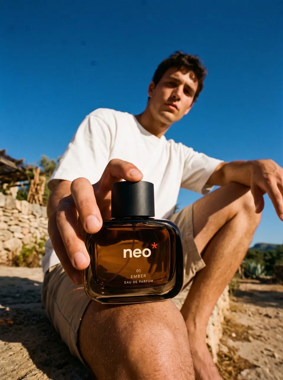Jeune homme en t-shirt blanc présentant un flacon de parfum NEO, assis sur un muret de pierre