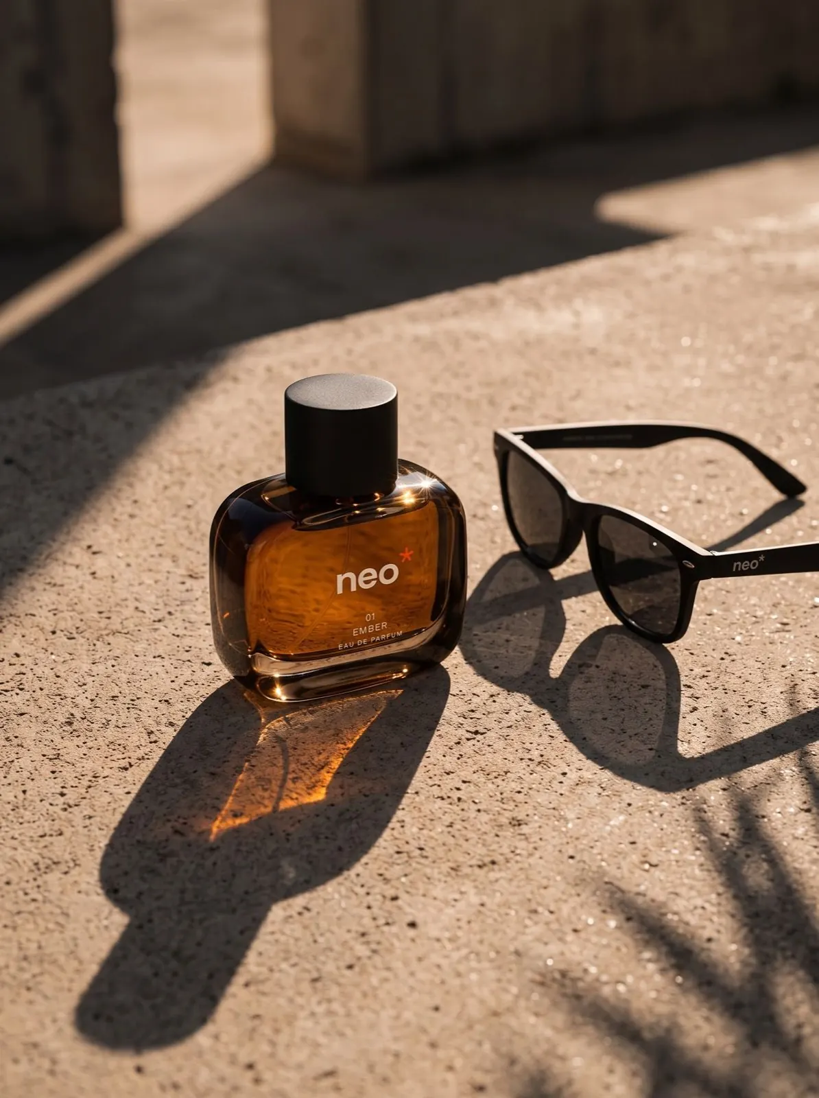 Flacon de parfum NEO ambré et lunettes de soleil posés au sol, ombres marquées