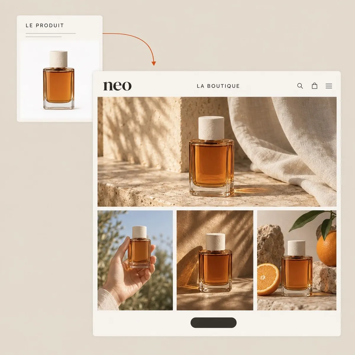 Illustration : une photo de parfum devient une boutique en ligne enrichie de photos produit et de scènes lifestyle cohérentes.