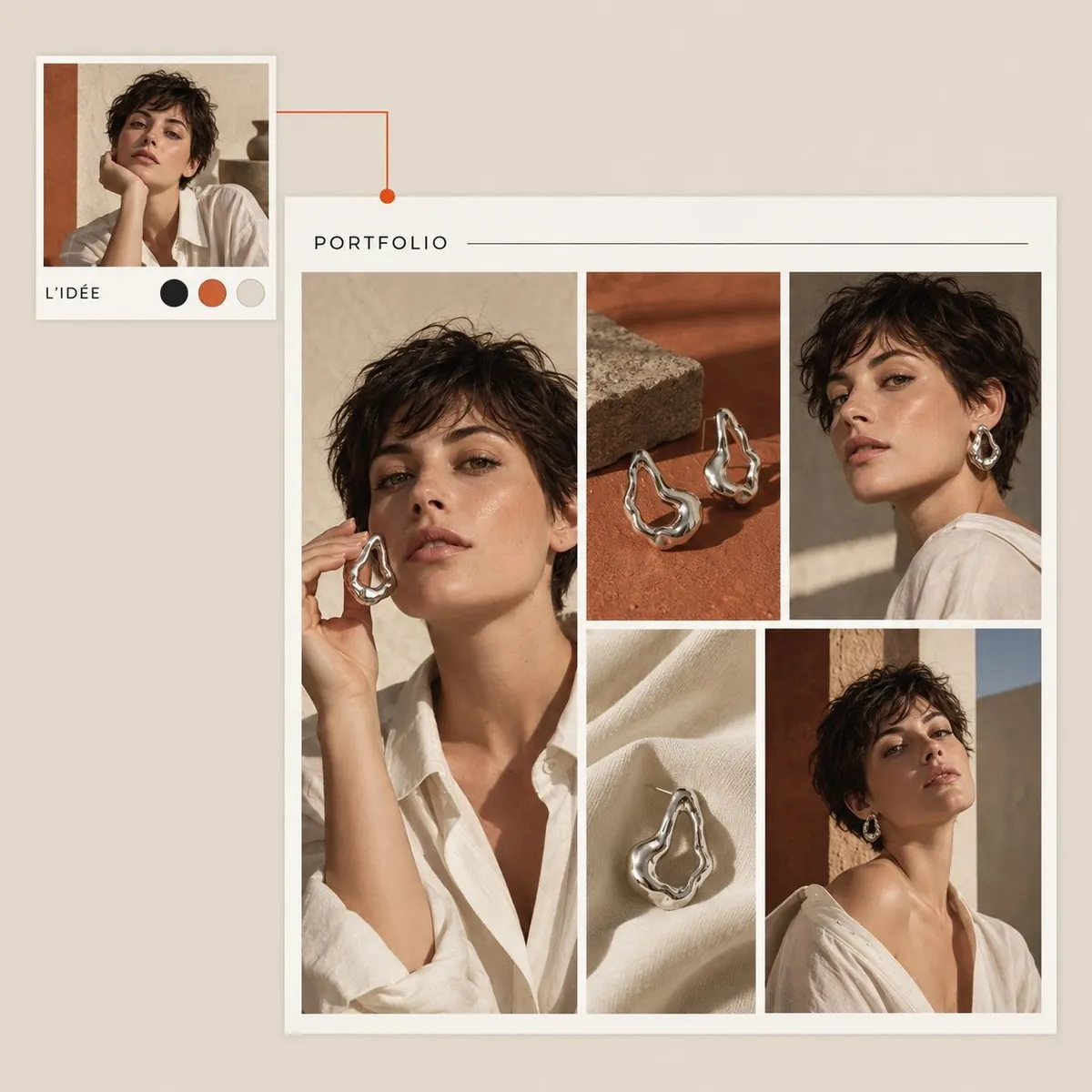 Illustration : une référence créative devient un portfolio composé de portraits, de détails et de photos de bijoux dans une même direction artistique.