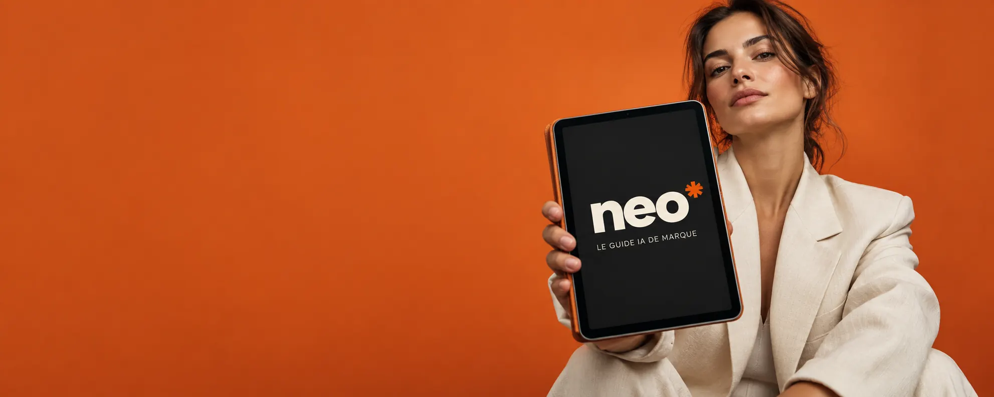 Une femme présente l’e-book NEO Brand sur une tablette, dans un décor orange.